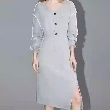 【dme】 休闲纯色开叉长袖连衣裙 麻灰