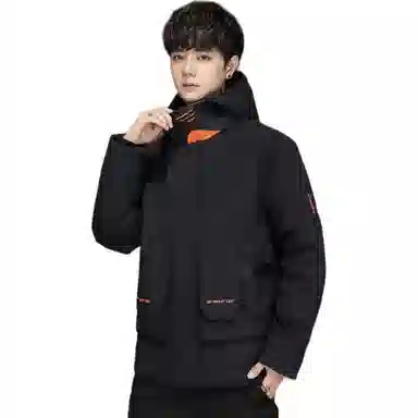 鸭鸭 短款纯色连帽拉链长袖羽绒服 男款 黑色