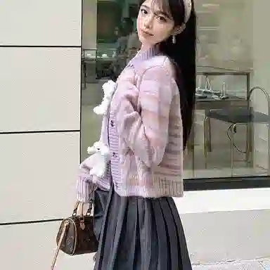 桴生 法式立体小熊彩虹条纹开衫女秋宽松日系软糯减龄可爱外套针织衫 女款