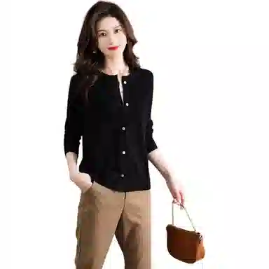 恒源祥 圆领时尚开衫通勤百搭纯色长袖针织衫 女款