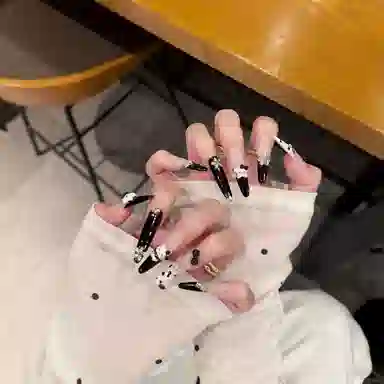 爱鼎琪 暗黑猫咪手工美甲豹纹显白甜酷可爱卡通可拆卸指甲贴  穿戴甲 长款黑白纯色 法式