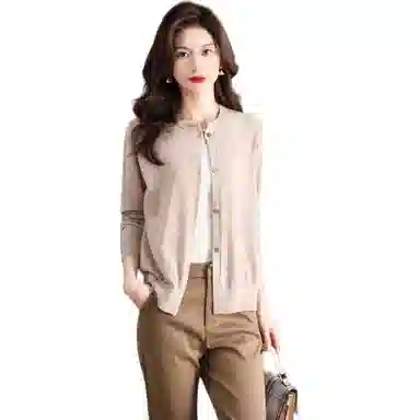 恒源祥 圆领时尚开衫通勤百搭纯色长袖针织衫 女款