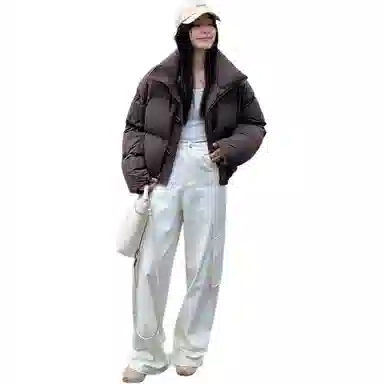 鸭鸭 宽松保暖连帽休闲面包短款长袖羽绒服 女款