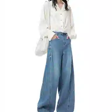 太平鸟 高腰舒适哈伦牛仔裤 女款 蓝色