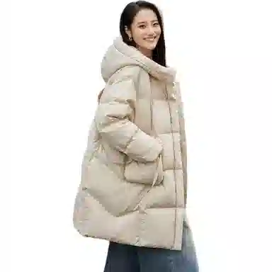 鸭鸭 纯色宽松连帽保暖中长款长袖羽绒服 女款