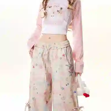 桴生 早春美式星星印花春夏多巴胺宽松阔腿长裤休闲裤 女款 粉色