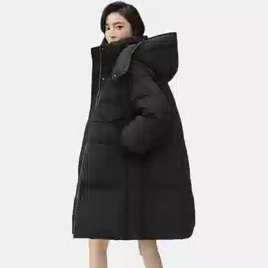 鸭鸭 纯色宽松连帽中长款羽绒服 女款 黑色