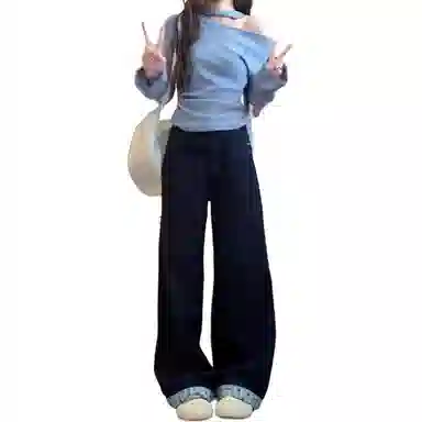 么宁 美式蝴蝶结格子拼接卷边阔腿高腰宽松直筒拖地长裤牛仔裤 男女同款