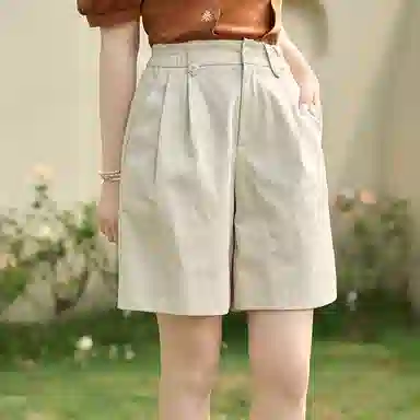 茵曼 纯色休闲高腰直筒短裤 女款