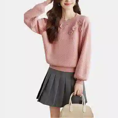 曲韩 纯色百搭简约花朵毛衣 女款