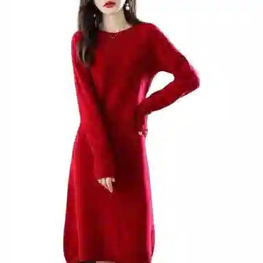 恒源祥 圆领纯色休闲长袖连衣裙 女款