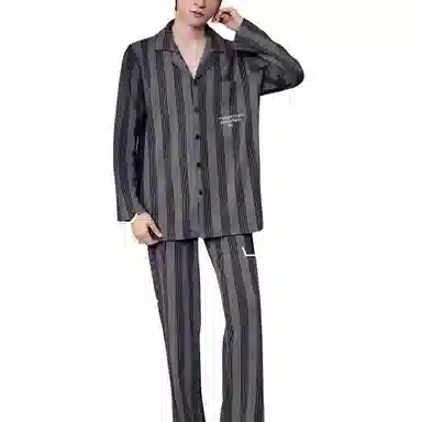 欧迪芬 休闲高级感纯棉条纹翻领开衫长袖长裤可外穿睡衣套装 男款 图色