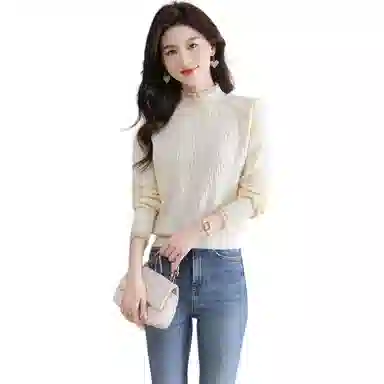 恒源祥 半高领花边蕾丝拼接打底纯色长袖针织衫 女款