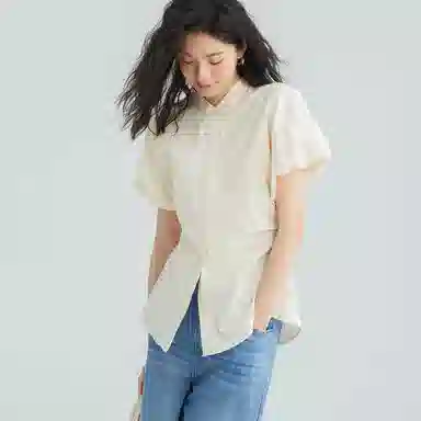 【dme】 圆领收腰泡泡袖短袖衬衫 女款 浅杏色