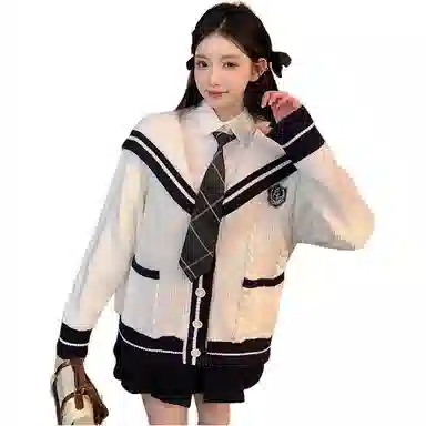 桴生 海军领开衫毛衣外套女秋冬宽松休闲慵懒风撞色外穿针织衫 女款