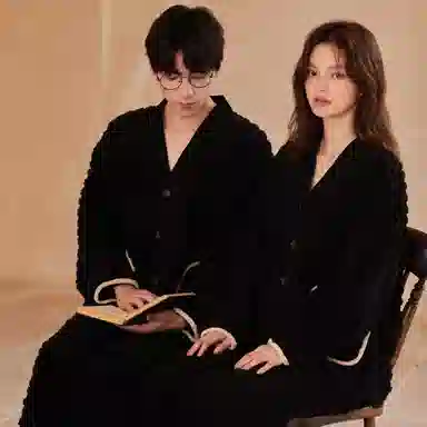 夏芬妍 宽松休闲舒适贴袋开衫珊瑚绒家居服加绒加厚保暖蓄温长袖长裤可外穿秋冬款睡衣礼盒 男女同款 黑色