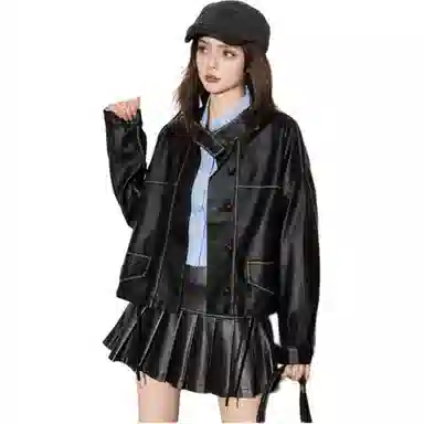 法文箱子 长袖通勤简约皮衣 女款