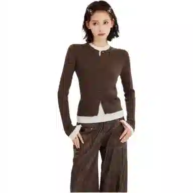 柏黛妃 撞色圆领长袖休闲直筒针织衫 女款