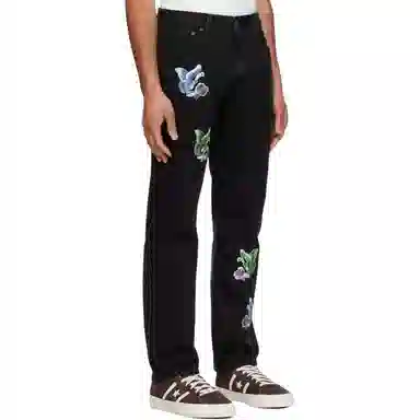 安娜苏 花卉贴布拉链束脚牛仔裤 男款 黑色