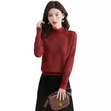 恒源祥 半高领花边蕾丝拼接打底纯色长袖针织衫 女款