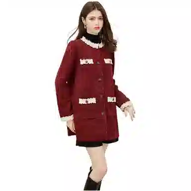 她池 圆领单排扣中长款蕾丝拼接夹克外套 女 红色