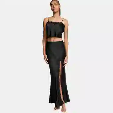 Victoria's Secret Satin Lace-Trim Cropped Top Slip Skirt Set B