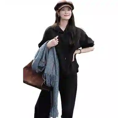 美洋 纯色高腰直筒九分休闲裤 女款 黑色