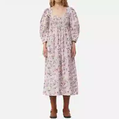 GANNI Printed Cotton Open-Neck Smock Long Dress