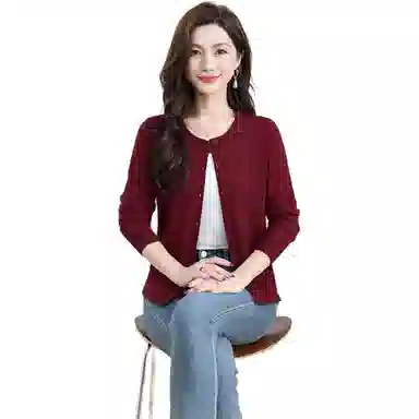 恒源祥 圆领开衫纯色薄款长袖针织衫 女款