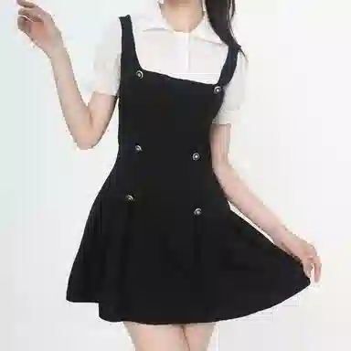 御茶家 学院风纯色收腰假两件托胸小香风短袖连衣裙 女款 黑色