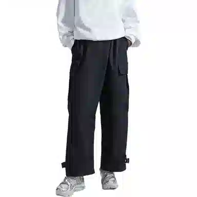 中国李宁 运动篮球系列 不对称系扣纯色宽松直筒运动长裤 女款 黑色