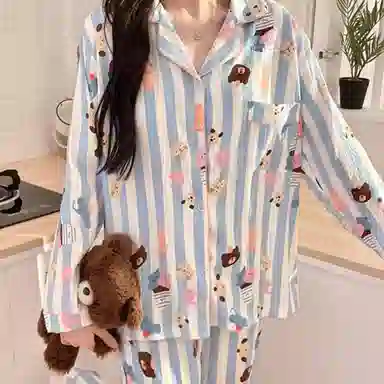 夏芬妍 柔软舒适条纹卡通乐园开衫亲肤休闲长袖长裤可外穿睡衣礼盒 女款 蓝色