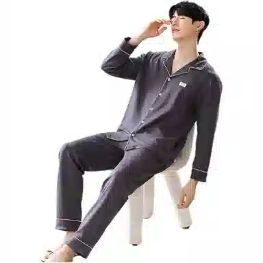 欧迪芬 纯色简约翻领舒适上衣亲肤长裤睡衣套装 男款 咖黑