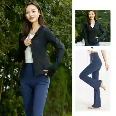 欧迪芬 修身连帽春夏冰丝防晒服凉感短款显瘦外套微喇叭裤两件套速干时尚运动风轻盈舒适感防晒衣透气性好时尚设计显瘦效果健身套装 女款