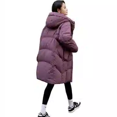鸭鸭 纯色宽松连帽保暖中长款长袖羽绒服 女款