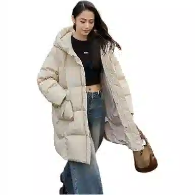 鸭鸭 纯色宽松连帽保暖中长款长袖羽绒服 女款