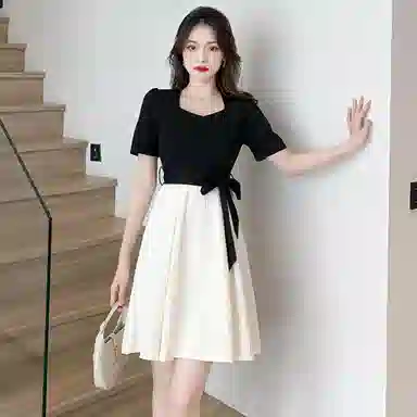 哒头下雨不愁 梨形身材茶歇法式气质名媛中长款短袖连衣裙 女款