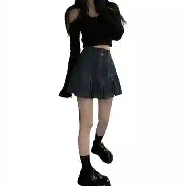 兰缪 大码高腰百褶计感半身裙女牛仔短裙 女款