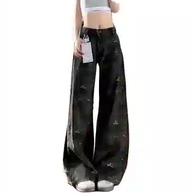 桴生 美式复古迷彩工装裤女夏季高腰显瘦宽松垂感直筒阔腿潮牛仔裤 女款