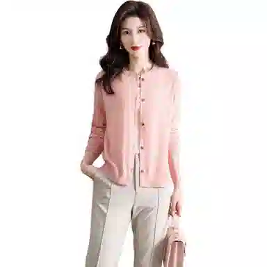 恒源祥 圆领时尚开衫通勤百搭纯色长袖针织衫 女款