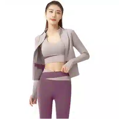 欧迪芬  欧若风蜜桃拼色三件套裸感无缝外套免穿胸垫文胸背心瑜伽裤速干跑步健身服套装出游运动普拉提臀高腰高弹力显瘦  瑜伽套装  女款