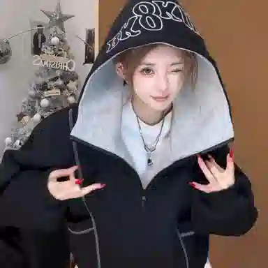 虫小绿 美式高街重磅半高领反缝线明线刺绣字母廓形休闲开衫卫衣百搭宽松情侣连帽外套夹克 男女同款