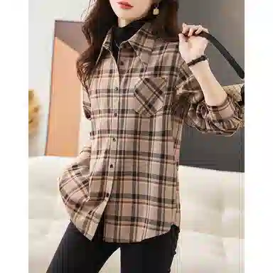 【dme】 格子尖领长袖衬衫 女款 卡其