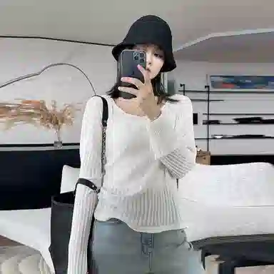 美洋 纯色镂空圆领长袖针织衫 女款 白色