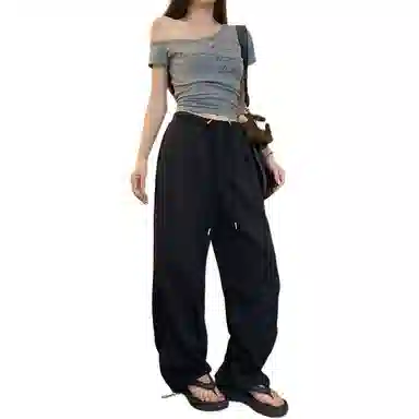 黛尔佳人 抽绳设计高腰显瘦阔腿工装裤 女款