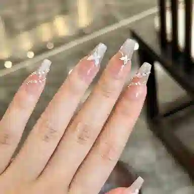 柚予颜 蝴蝶穿戴甲猫眼长款法式镶钻指甲高级感美甲  梯型裸色晕染 纯欲