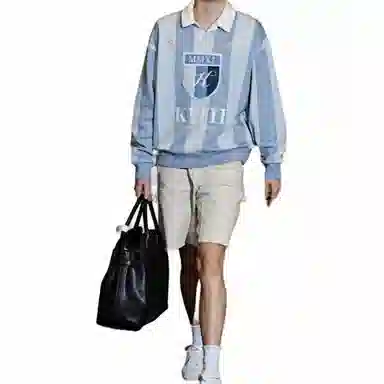 KITH Striped Logo Long Sleeve Polo Grey Blue