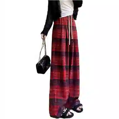 欧迪芬 黄色格子春秋街头风高腰长裤休闲裤 女款