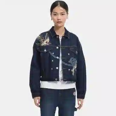 鬼洗 泥棒蓝同心喜鹊绣花情侣牛仔外套 女款 蓝