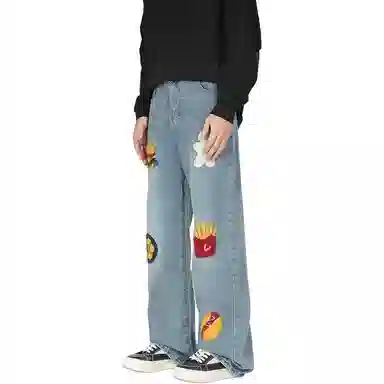 袋鼠 高街设计感宽松时尚休闲直筒牛仔裤 男女同款